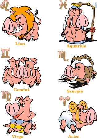 The illustration shows a set of zodiac signs Leo, Gemini, Scorpio, Virgo, Aries, Aquarius for the astrological horoscope in the new Chinese Year of the Pig 2019. The illustration is made isolated on a white background, in a cartoon style.の写真素材