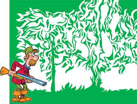 In the illustration there is a puzzle with a hunter who must find animals along the silhouettesのイラスト素材