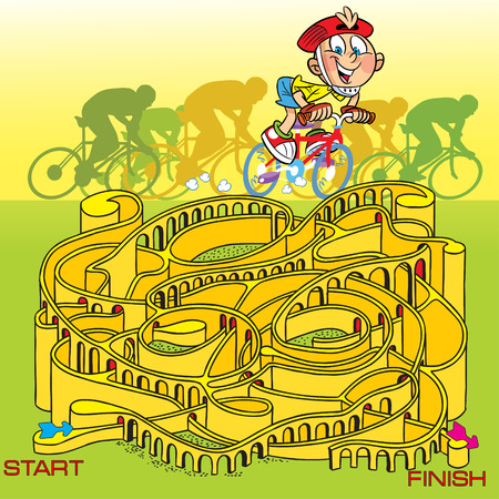 In vector illustration, a puzzle with a boy on a bicycle, he needs driven through a mazeのイラスト素材
