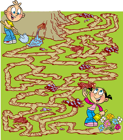 In the vector illustration, a maze puzzle with children who dig a channel for watering flowers in the garden.のイラスト素材