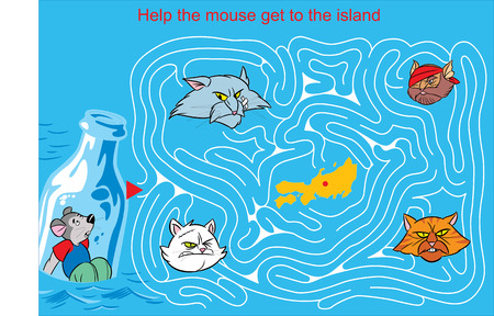 Vector illustration of a maze with a mouse, which must be helped to reach the island and not to get into the paws of pirate catsのイラスト素材