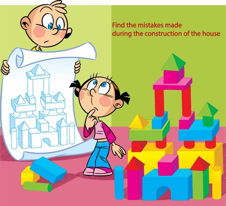 In the vector illustration, a puzzle in which a boy and a girl build a toy house out of cubes. It is necessary to find the mistakes made by children.のイラスト素材