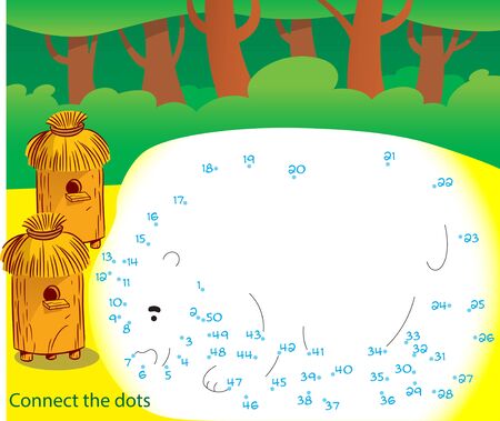 In the vector illustration, a puzzle where you need to connect the dots and draw a bear who climbed to the apiaryのイラスト素材