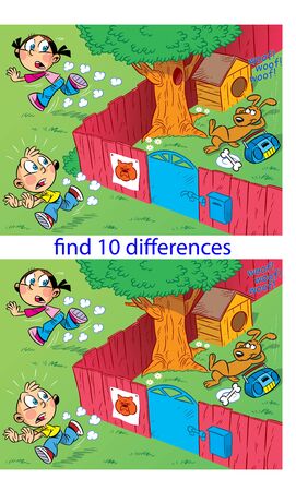 In the vector illustration is a puzzle in which it is necessary to find differences in pictures with children and the dog that guards the yard.のイラスト素材