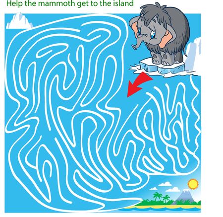 Vector illustration with a puzzle in which it is necessary to help the mammoth to get to the islandのイラスト素材