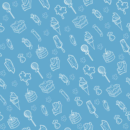 Seamless pattern with candies and sweets. Yummy colorful creamy cupcake, candy and ice cream with white outline on a blue backgroundのイラスト素材