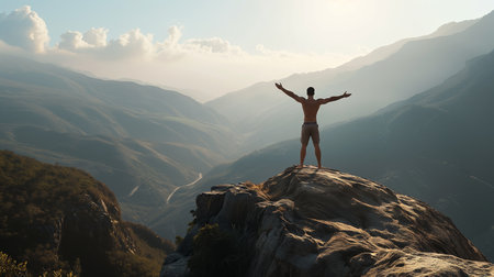 Silhouette of a man standing on the edge of a cliff with his arms outstretchedの素材
