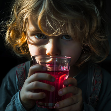 child drinks cherry juice from a glassの素材