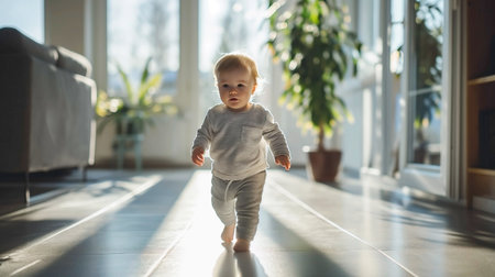 A small child smiles and learns to walk in the house, showing persistence in learningの素材