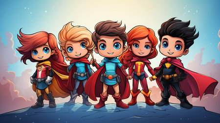 Trustworthy, friendly, kind, smiling children and teenagers, large group of children in cartoon style. Diversity children, friendship concept, emotionsの素材