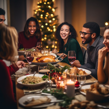 holidays, celebration, Christmas , happy people concept, friends multi-ethnic having Christmas dinner at homeの素材