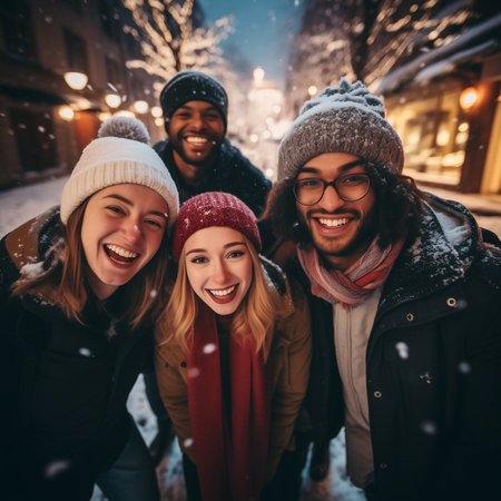 Smiling portrait of young group of student friends enjoying time together on winter. Young adult people having fun during christmas vacation outdoorsの素材