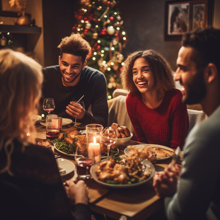 holidays, celebration, Christmas , happy people concept, friends multi-ethnic having Christmas dinner at homeの素材