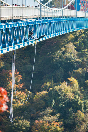 Suspension bridge over the river in autumn