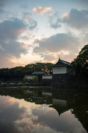 The castle during golden hour in Tokyo, Japan.の写真素材
