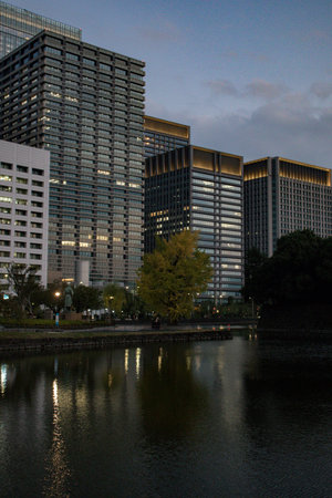 Otemachi business district at nightの写真素材