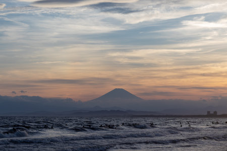 Mt. Fuji and the sea at sunset, Kanagawa, Japanの写真素材