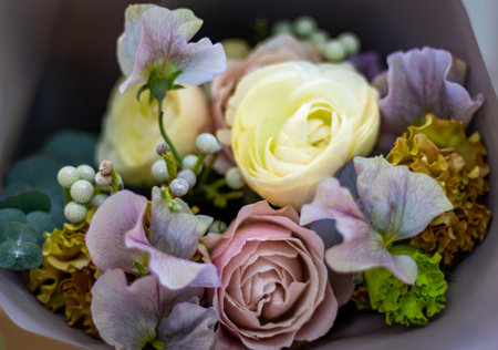 Flower bouquet in the form of roses, hydrangeas and other flowers.の写真素材