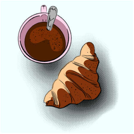 Croissant and coffee in color. Vector.のイラスト素材