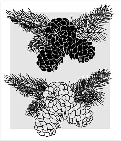 Vector image of a Christmas tree cone with branches. Line and fill on a gray background.のイラスト素材