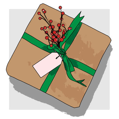 Vector image of a Christmas handbag. Colored drawing on a gray background.のイラスト素材