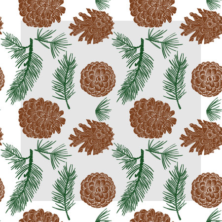 A pattern of Cones and fir branches drawn with a black line. The form is transparent. You can change the color of the pattern and background.のイラスト素材