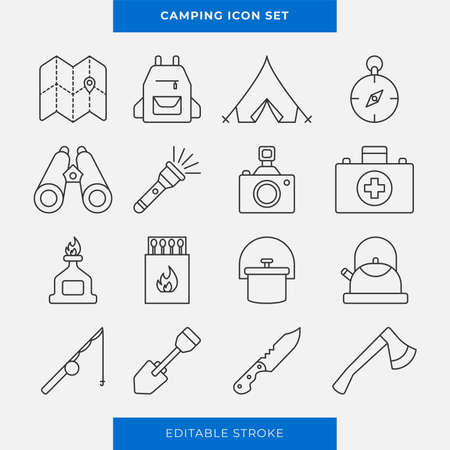 Simple set of vector icons for outdoor recreation, hiking in the forest, campingのイラスト素材
