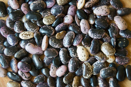 Close-up of colorful haricot beans, beans on wooden table