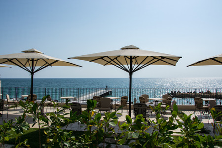 View of the sea from the garden of the hotel Villa Chinka, St Constantine and Elena, Varna, Bulgaria, summer seaのeditorial素材