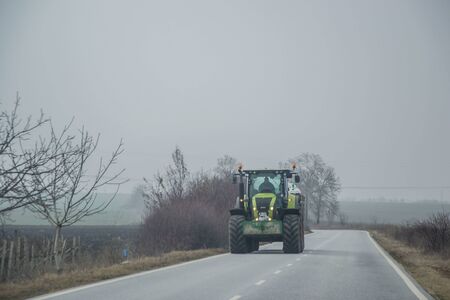 January 29, 2019 - Bulgaria -Bulgarian road with truck on it, asphalt road, foggy weatherのeditorial素材