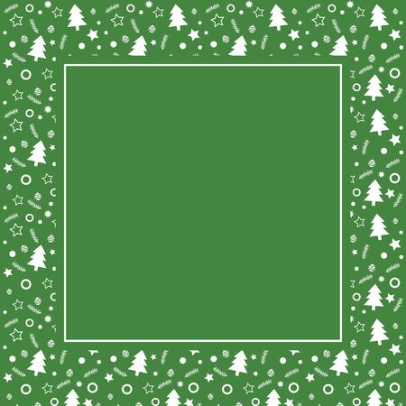 Frame with blank space for text. Border of xmas toys, tree and stars. Vector for Christmas and New Year greeting card, banner, invitation, packaging design, illustration patternのイラスト素材