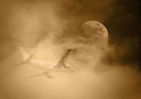 Sky high concept: Airbus and moonの写真素材