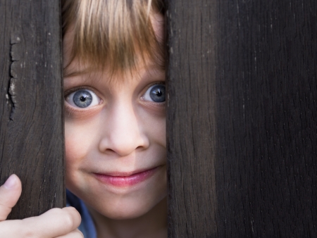 young boy looking through wooden barrier の写真素材