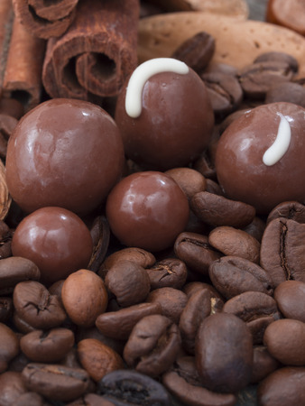 chocolate, cinnamon and coffee beansの写真素材