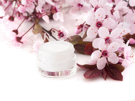 cosmetic product with spring flowersの写真素材