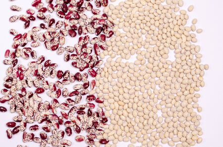 Dry purple and white beans for vegans on a white background, copy space. Healthy foods high in protein and carbohydrates. View from above. Horizontal orientation.の写真素材