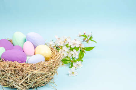 Blossoming cherry branches on a white background. Flat lay, postcard blank, space for text, copy space. View from above.の写真素材