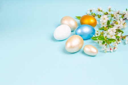 Colored eggs for Easter with branches of blossoming cherry on a blue background. Flat lay, blank for postcard, banner, copy space. Top view,の写真素材