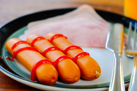 Breakfast of Ham, Glass of Orange Juice close-up american breakfastの写真素材