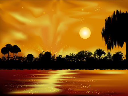 Southern landscape with trees, clouds and sunのイラスト素材