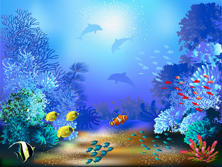 The underwater world with fish and plantsのイラスト素材