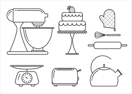 Vector set of elements for bakery in trendy linear styleのイラスト素材