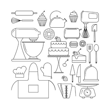Vector pattern of elements for bakery in trendy linear styleのイラスト素材