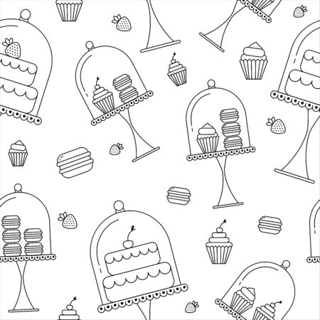 Vector seamless pattern of elements for bakery in trendy linear styleのイラスト素材