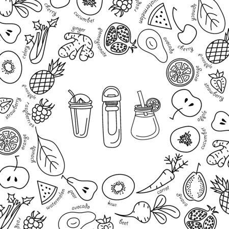 Smoothie, detox and fruits, Vector set. Vector isolated Illustration on white background for smoothies menu, recipes and packages productのイラスト素材