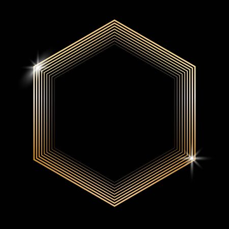 Golden sparkling hexagon with golden glitter isolated on black backgroundのイラスト素材