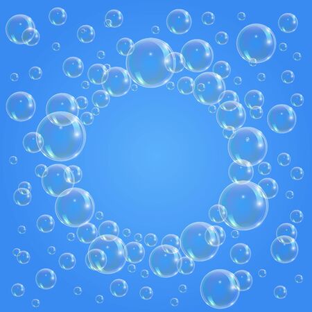 Soap bubble on blue background. Banners of transparent foam bubble, great design for social media and printのイラスト素材