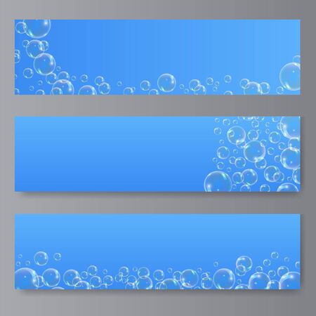 Soap bubble on blue background. Banners of transparent foam bubble, great design for web and print.のイラスト素材