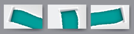 Torn paper holes in white paper with torn sides with space for text. Realistic set with ripped edges for web and print.のイラスト素材