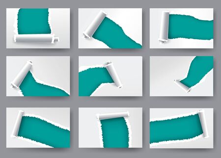 Torn paper holes in white paper with torn sides with space for text. Realistic set with ripped edges for web and print.のイラスト素材